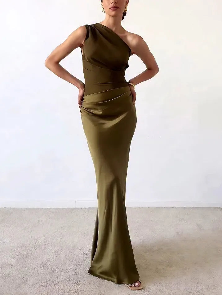 One Shoulder Pleated Floor Length Maxi Dress