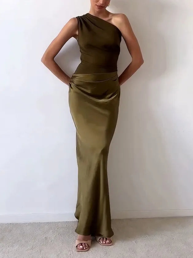 One Shoulder Pleated Floor Length Maxi Dress