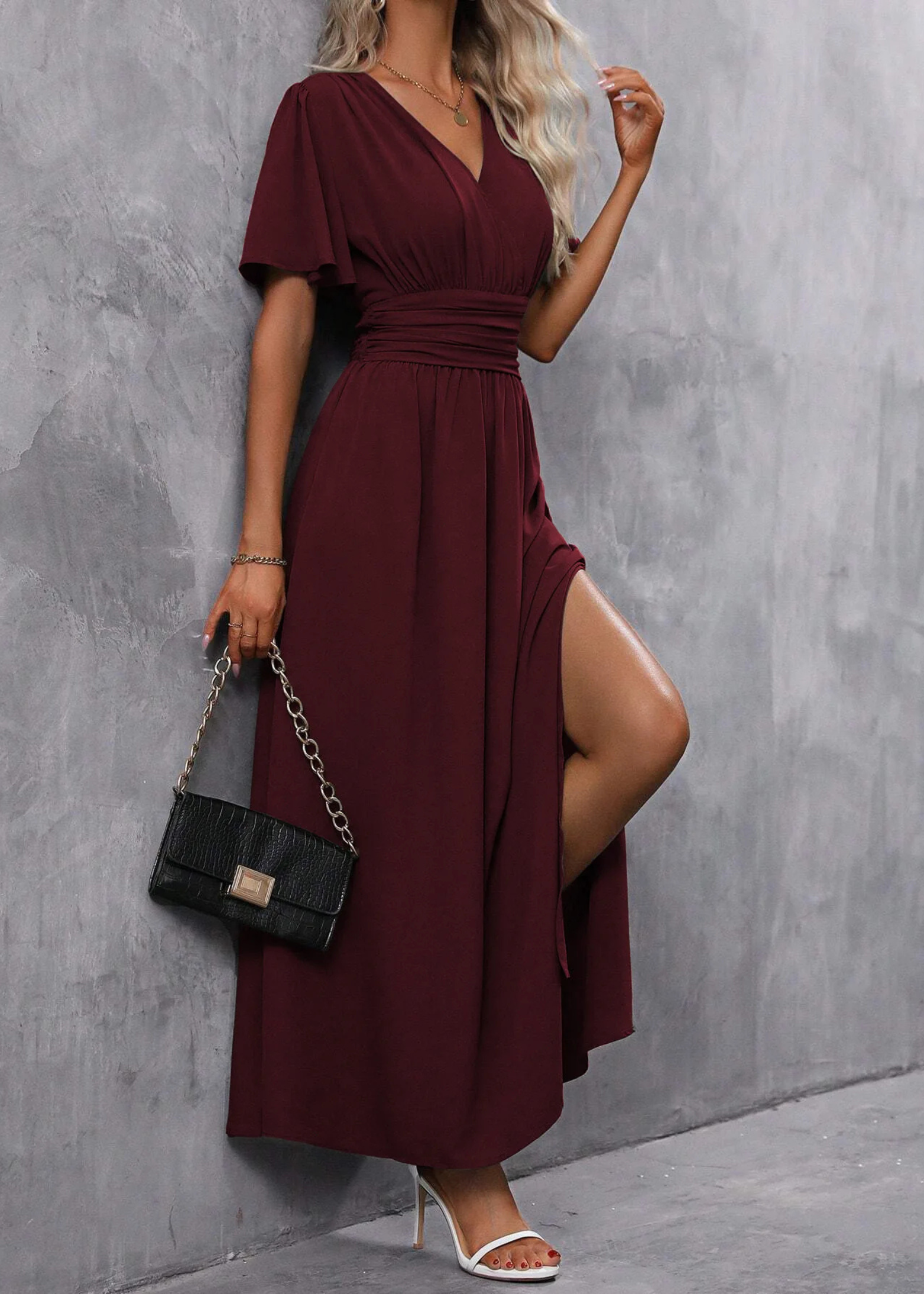 V-Neck Maxi Dress featuring a Side Slit