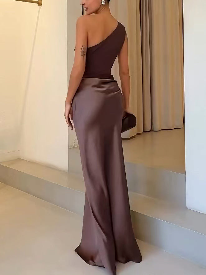 One Shoulder Pleated Floor Length Maxi Dress