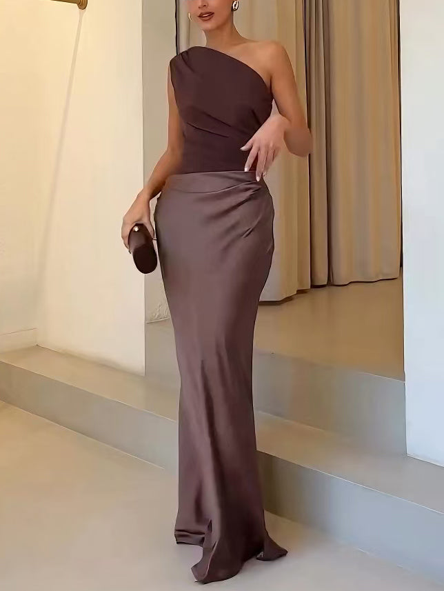 One Shoulder Pleated Floor Length Maxi Dress