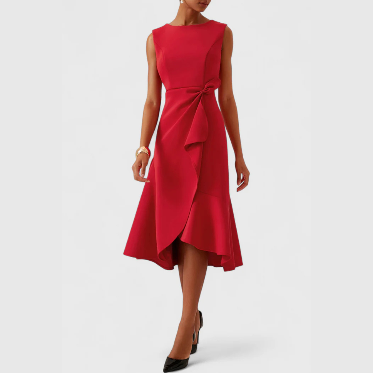 Draped Asymmetric Hem Sleeveless Midi Dress
