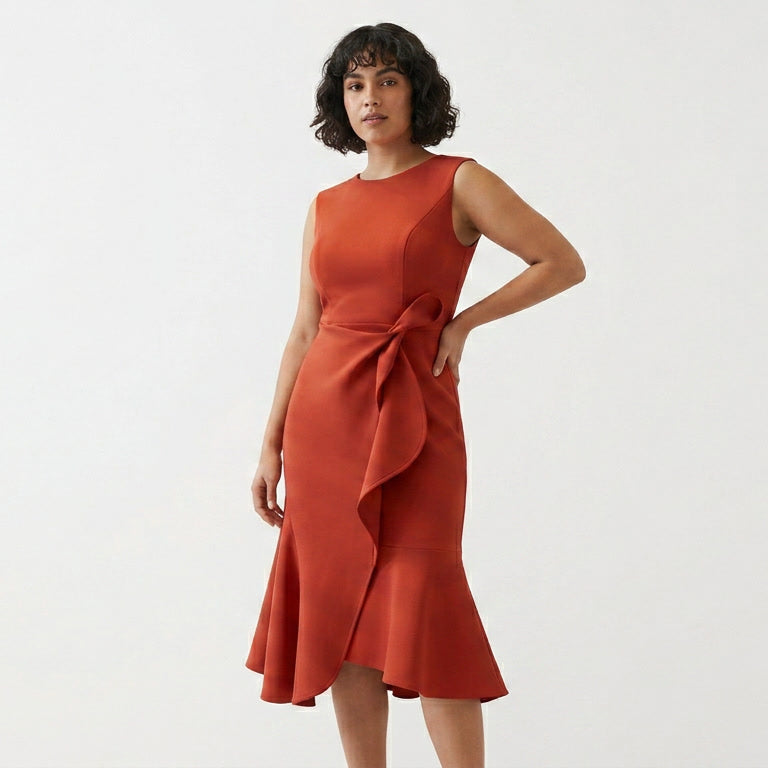 Draped Asymmetric Hem Sleeveless Midi Dress