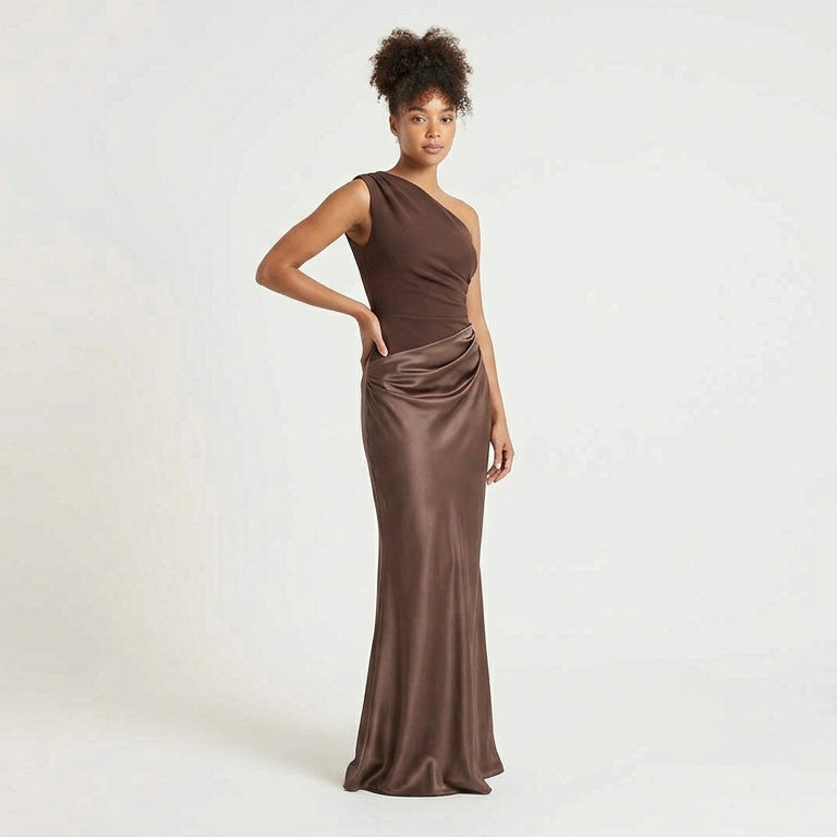 One Shoulder Pleated Floor Length Maxi Dress