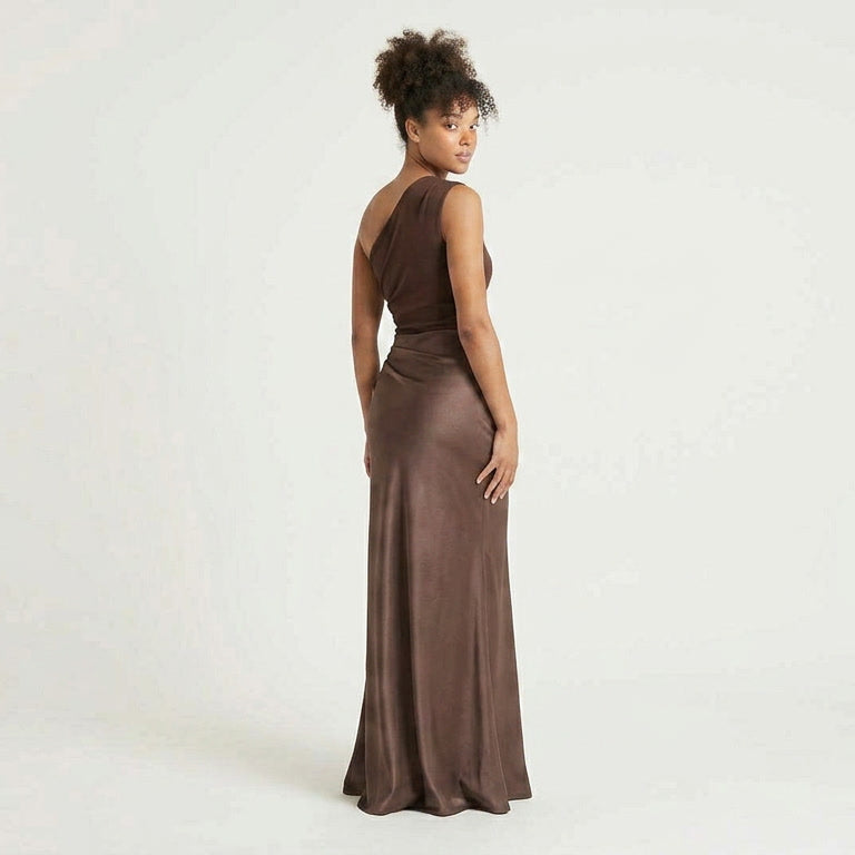 One Shoulder Pleated Floor Length Maxi Dress