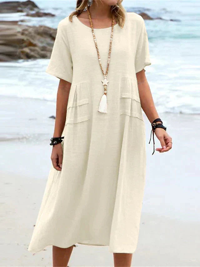 Oriana Round Neck Cotton-Linen Midi Dress
