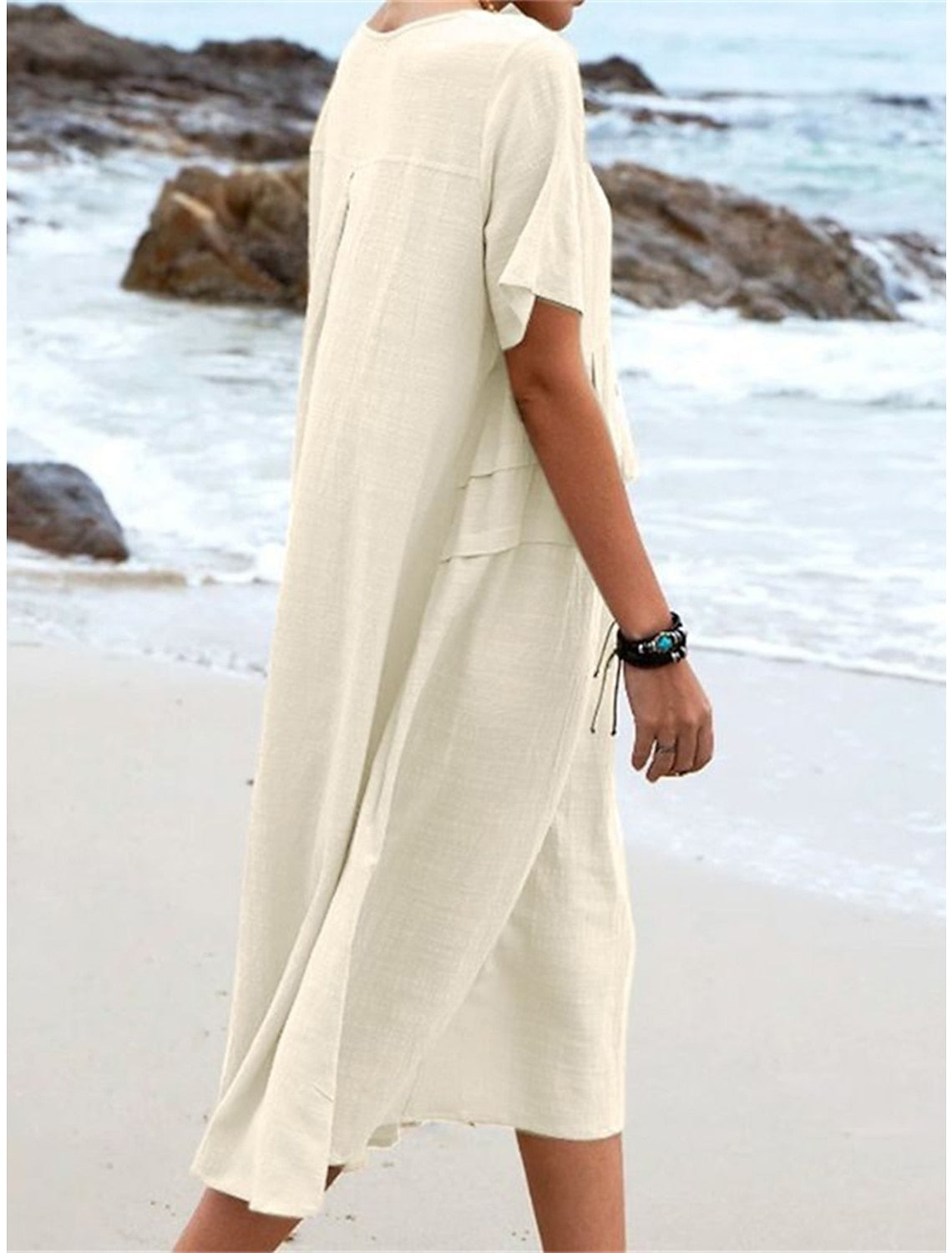 Oriana Round Neck Cotton-Linen Midi Dress
