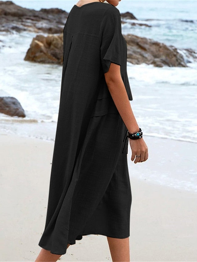 Oriana Round Neck Cotton-Linen Midi Dress