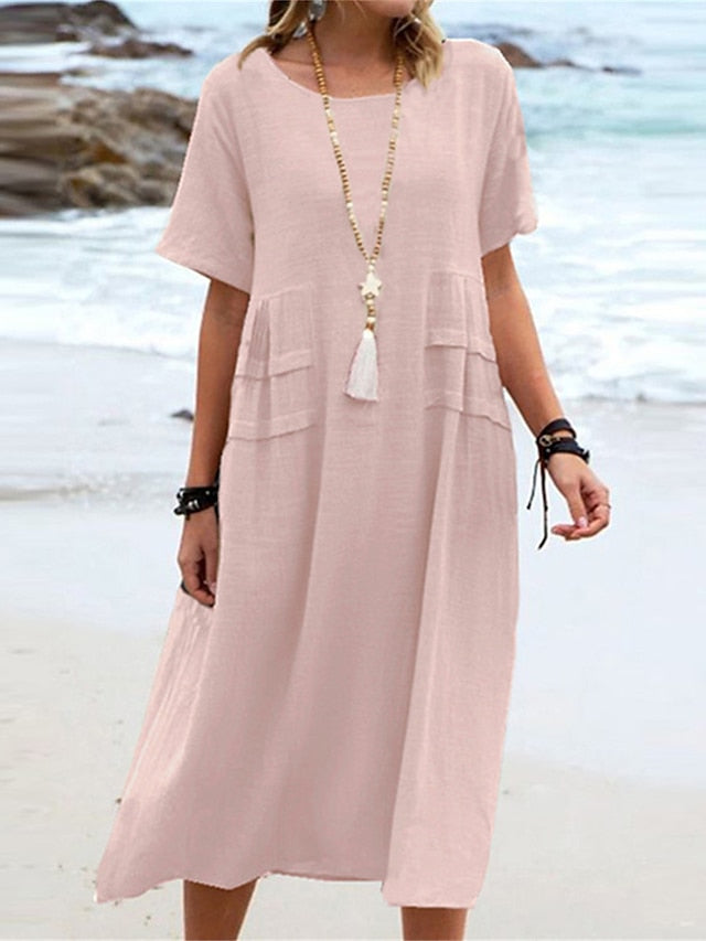 Oriana Round Neck Cotton-Linen Midi Dress