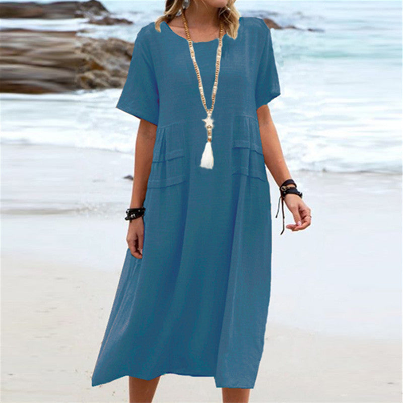 Oriana Round Neck Cotton-Linen Midi Dress