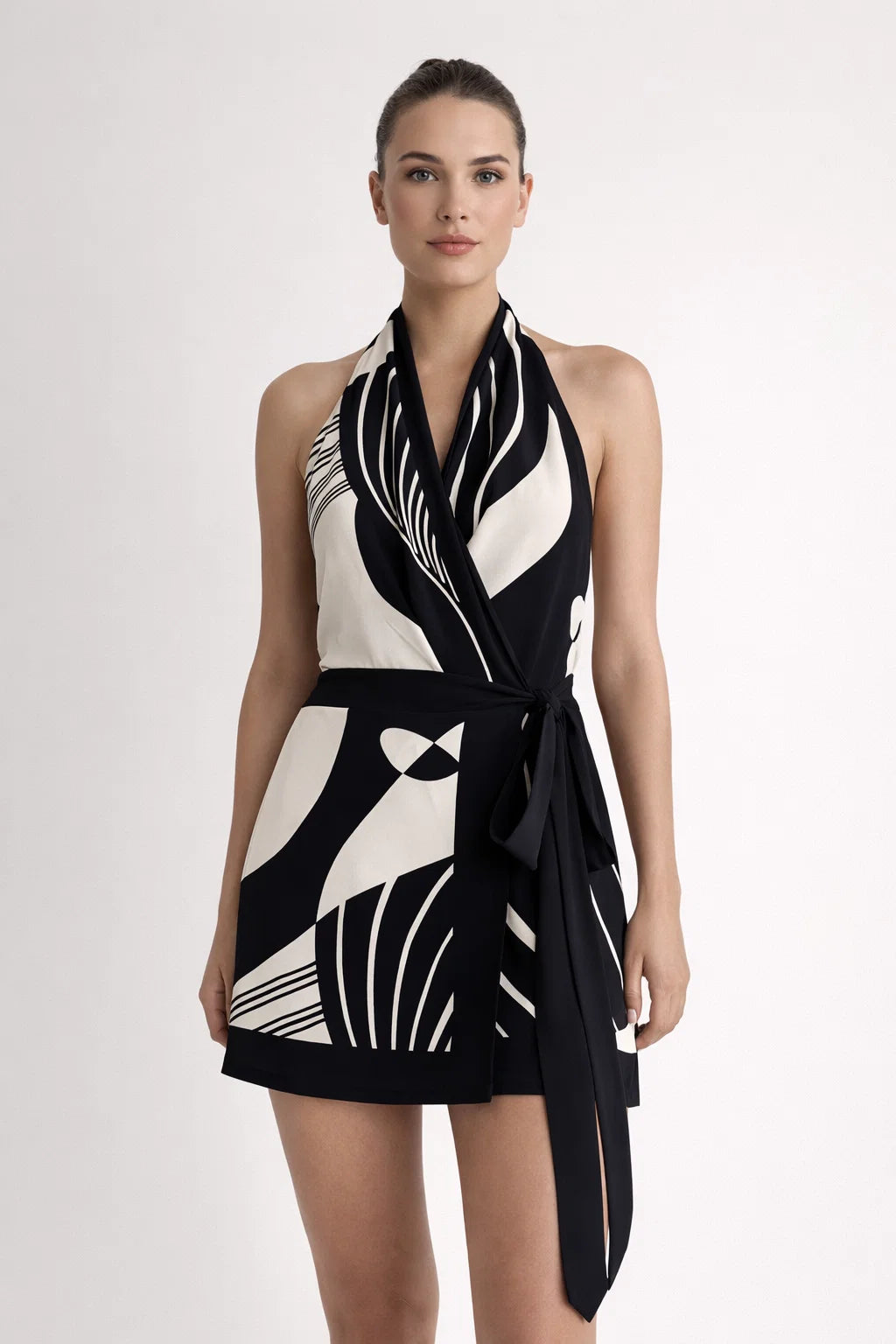 Valencia - Abstract Satin Halter Wrap Dress